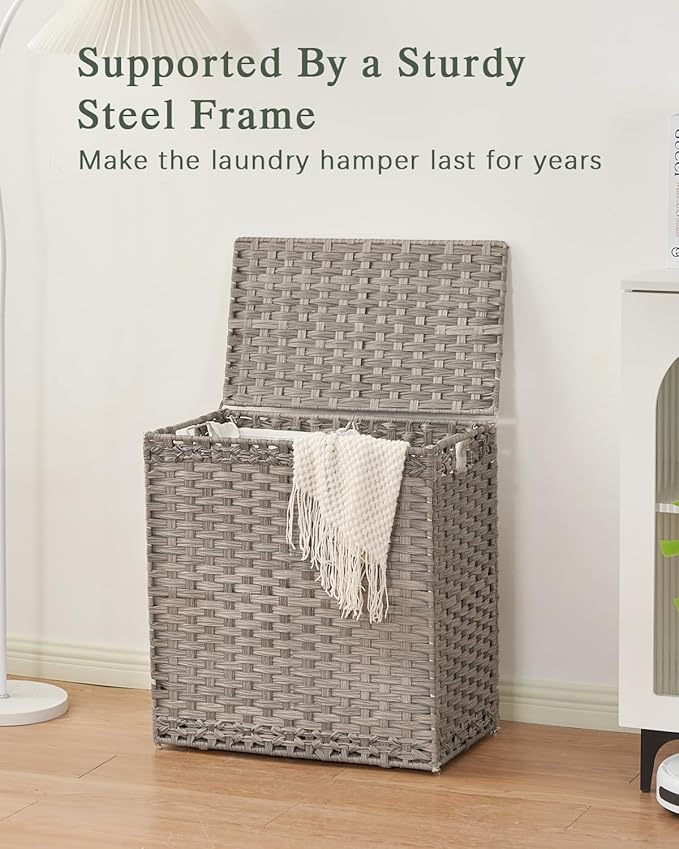 SETVSON Laundry Hamper with Lid Wicker Laundry Basket 112 L (29.6 Gal) Laundry Hampers Handwoven Rattan Clothes Hamper with Handles 3 Removable Liner Bag, 6 Mesh Bags for Bathroom Bedroom Gray