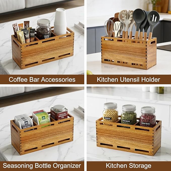 Large Acacia Wood Utensil Holder Rustic Kitchen Utensil Organizer for Countertop 3 Sections Kitchen Utensil Crock Cooking Tools Holder Utensils Caddy Counter Wooden Cooking Utensil Storage Holder