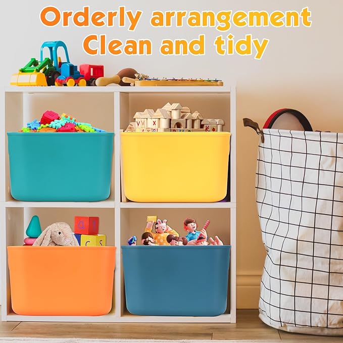 Hoolerry 8 Pieces Colorful Storage Bins with Lid, Plastic Storage Basket Organizing Container Stackable Box with Handle for Shelves Desktop Playroom Office(10.2 x 7 x 6.3 Inch,Multi-colored)