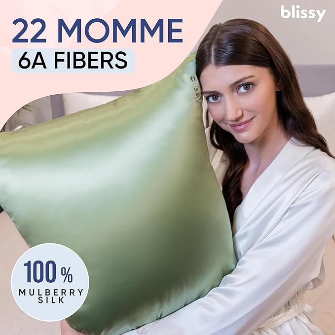 Blissy Silk Pillowcase - 100% Pure Mulberry Silk - 22 Momme 6A High-Grade Fibers - Silk Pillow Cover for Hair & Skin - Regular, Queen & King (Olive, King)