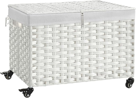 Rolling Storage Basket with Lid, 47.6 Gallon (180L) Storage Bin with Wheels, Woven Rattan Blanket Storage Basket with Handles, Foldable, Metal Frame, Removable Liner for Bedroom, Laundry Room, White