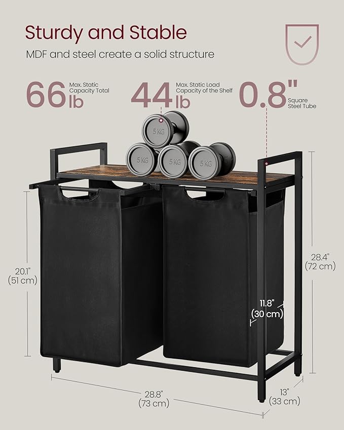VASAGLE Laundry Hamper, Laundry Basket, Laundry Sorter with 2 Pull-Out and Removable Bags, Shelf, Metal Frame, 2 x 12.1 Gallons (46 L), 28.8 x 13 x 28.4 Inches, Ink Black and Rustic Brown UBLH201B01
