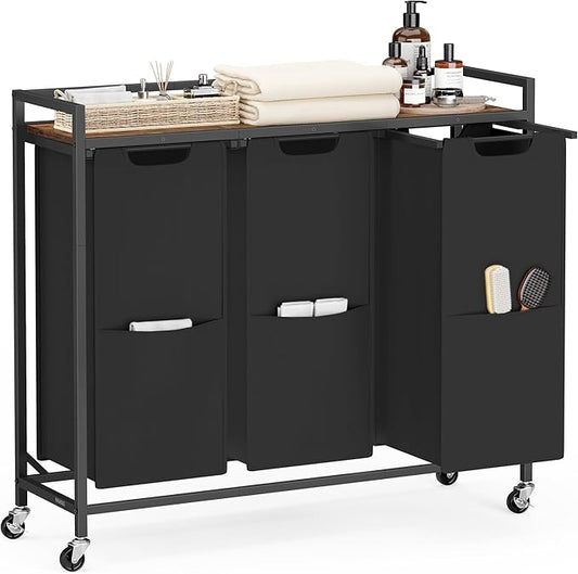 VASAGLE Laundry Sorter, 43.5 Gal. (165 L) Laundry Hamper Basket with 3 Compartments, Rolling Cart with Wheels, Shelf, Removable Bags, Pockets, Ink Black and Rustic Brown UBLH031B01