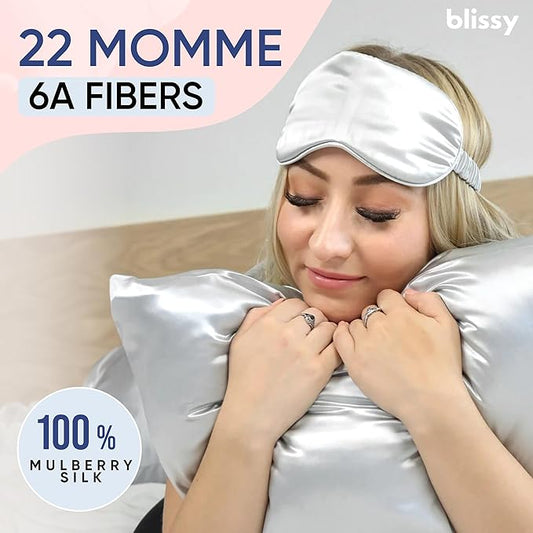 Blissy Silk Pillowcase - 100% Pure Mulberry Silk - 22 Momme 6A High-Grade Fibers - Silk Pillow Cover for Hair & Skin - Regular, Queen & King (Silver, Queen)