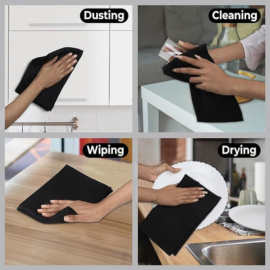 Urban Villa Kitchen Towels 100% Cotton Dish Towels for Kitchen(Set of 6) 20”x30” Dish Cloths Highly Absorbent Kitchen Linen Set with Hanging Loop Perfect for Drying Dishes Cleaning Hand Towels – Black