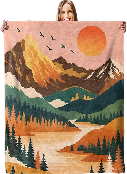 Sunset Mountain Blanket, Soft Lightweight Warm Cozy Flannel 80×60 inch Scenic Landscape Lake Pine Forest Throw Blanket for Couch, Travel, Bed, Outdoor, Decor, Gifts for Women Men Adults Boys Kids