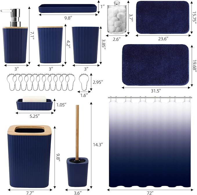 XLHOMO Bathroom Accessory Set–Bathroom Sets with Shower Curtain and Rugs, No Slip Bathroom Rugs Super Absorbent, Blue Ombre Water-Proof Shower Curtain with Hooks, Blue Bathroom Sets Complete for Home
