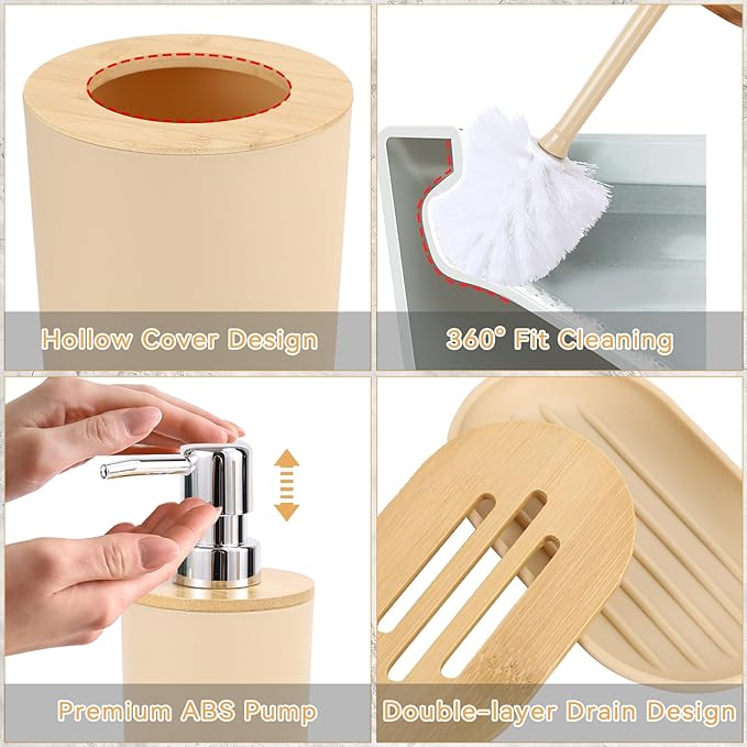SLDIYWOW Bathroom Accessories, Beige Bathroom Accessories Sets Complete with Trash Can,Tray,Soap Dispenser,Toothbrush Holder,Toothbrush Cup,Soap Dish,Toilet Brush and Q-tip Holders for Bathroom