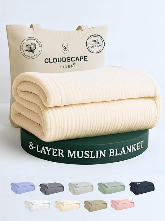 Cloud Scape Linen 8-Layer Muslin Blanket Queen Size - 100% Cotton, Soft and Breathable, Oversized Winter Blanket, Fits up to Full Size Bed, 92x92, Ivory