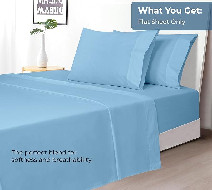 Royale Linens 100% Organic Cotton Queen Flat Sheet Only - Super Soft - Percale Top Sheets - Queen Flat Sheet Sold Separately - Breathable, Cool & Crisp Lake Blue Sheets Only (90" x 102", Lake Blue)
