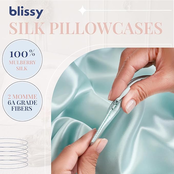 Blissy Silk Pillowcase - 100% Pure Mulberry Silk - 22 Momme 6A High-Grade Fibers - Silk Pillow Cover for Hair & Skin - Regular, Queen & King (Mint, Standard)
