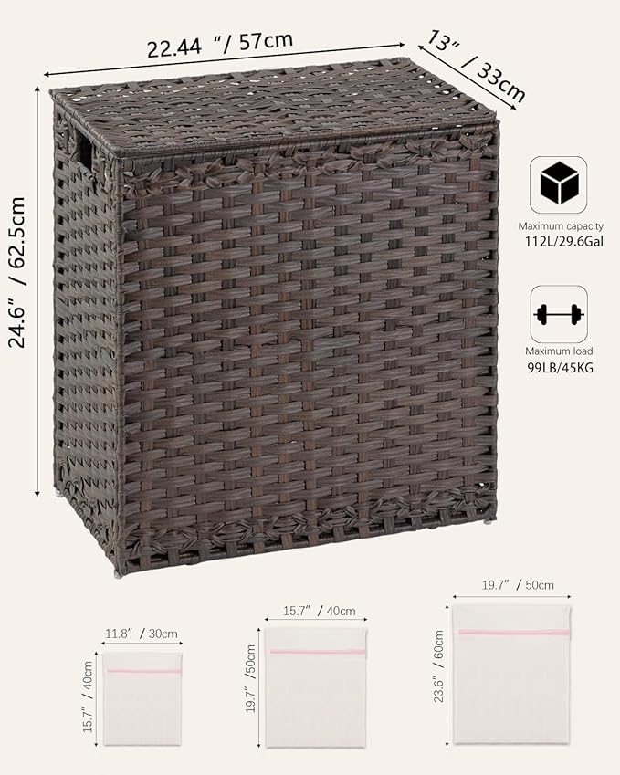 SETVSON Laundry Hamper with Lid Wicker Laundry Basket 112 L (29.6 Gal) Laundry Hampers Handwoven Rattan Laundry Hamper with Handles 3 Removable Washing Bag, 6 Mesh Bags for Bathroom Bedroom Brown