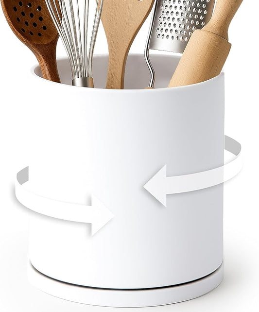 D'vine Dev 360° Rotating Utensil Holder – 7.2" Kitchen Utensil Crock for Countertop, Modern Cooking Tool Organizer for Kitchen Storage & Décor, White, 72-X-A-2