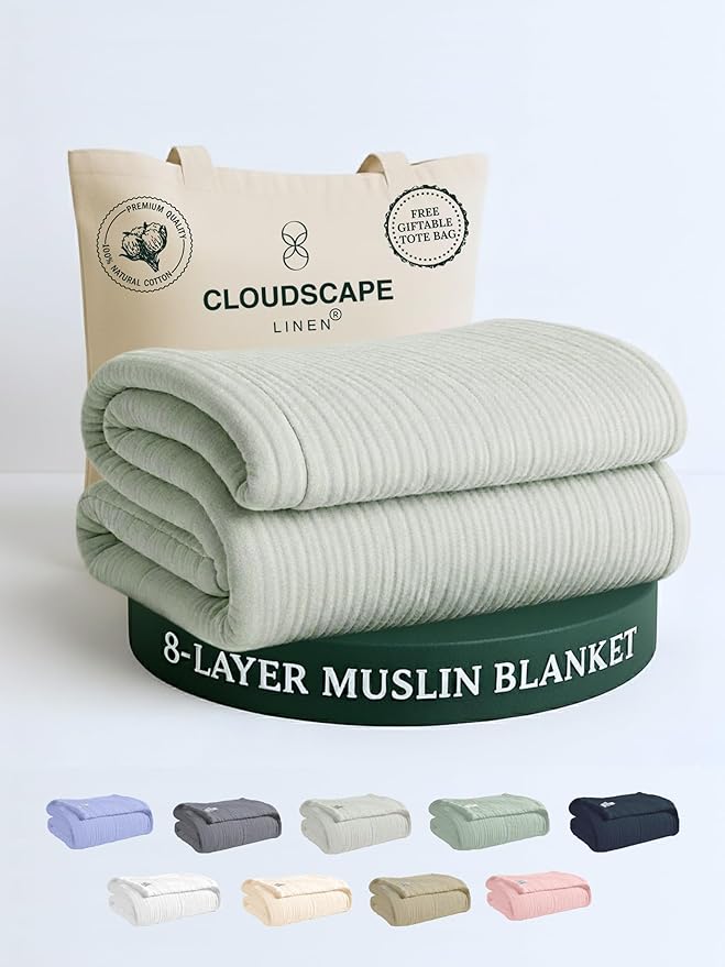 Cloud Scape Linen 100% Cotton 8 Layer Twin Size Muslin Blanket - Breatheable and Soft Winter Blanket for Bed, Couch and Sofa, Oversized Fits up to Twin XL, Best Gift Idea, 68x92, Seafoam