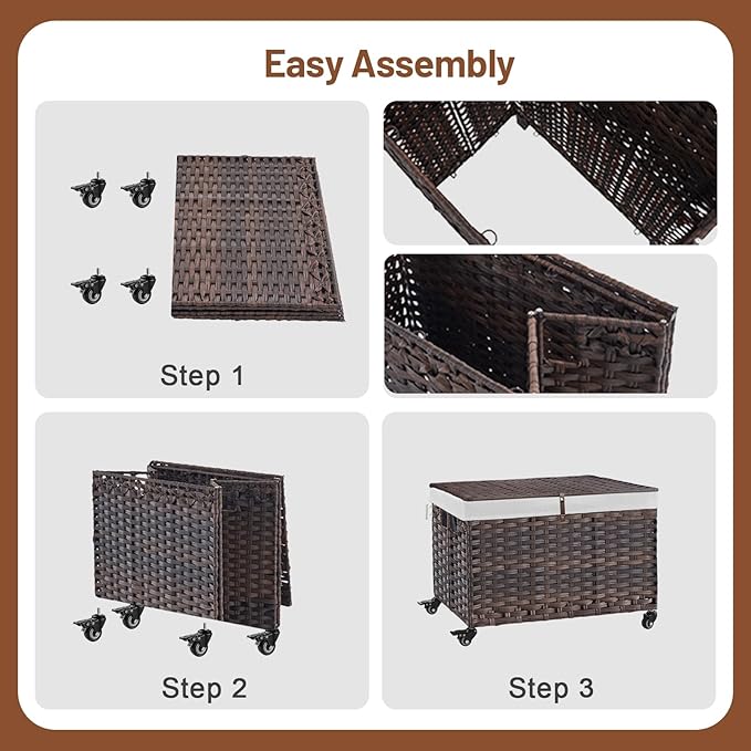 Rolling Storage Basket with Lid, 47.6 Gallon (180L) Storage Bin with Wheels, Woven Rattan Blanket Storage Basket with Handles, Foldable, Metal Frame, Removable Liner for Bedroom, Laundry Room, Brown