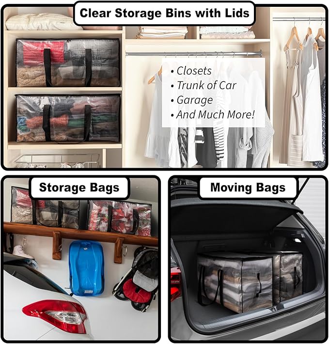 ClearSpace Heavy Duty Moving Bags or Storage Bags – Clear Storage Bins with Lids, Large Moving Boxes with Backpack Straps & Zippers – Packing Bags & Moving Supplies for College Dorm- 8 Pack