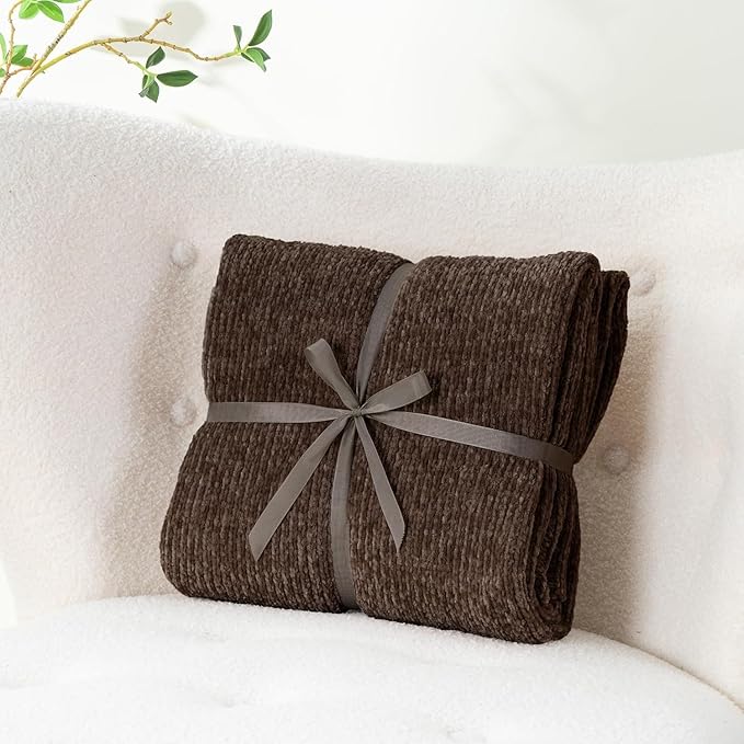 BATTILO HOME Dark Brown Throw Blanket for Couch, Soft Chenille Throw Blankets for Bed, Sofa, Home Decorative Chocolate Brown Throw Blanket, Knitted Cozy Brown Blanket, 51"x67"