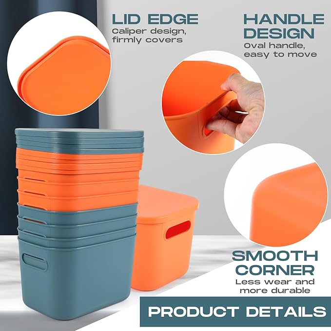 Hoolerry 8 Pieces Colorful Storage Bins with Lid, Plastic Storage Basket Organizing Container Stackable Box with Handle for Shelves Desktop Playroom Office(14.2 x 10.2 x 9.5 Inch,Blue and Orange)