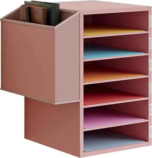 Unionly 6 Tier Adjustable Countertop Mail Sorter, Mailboxes With Name Slots, Literature Organization Paper Storage Slot, Office Desk File Organizer, Wooden Desktop Mailbox for Classroom(Pink, 6 Slots)