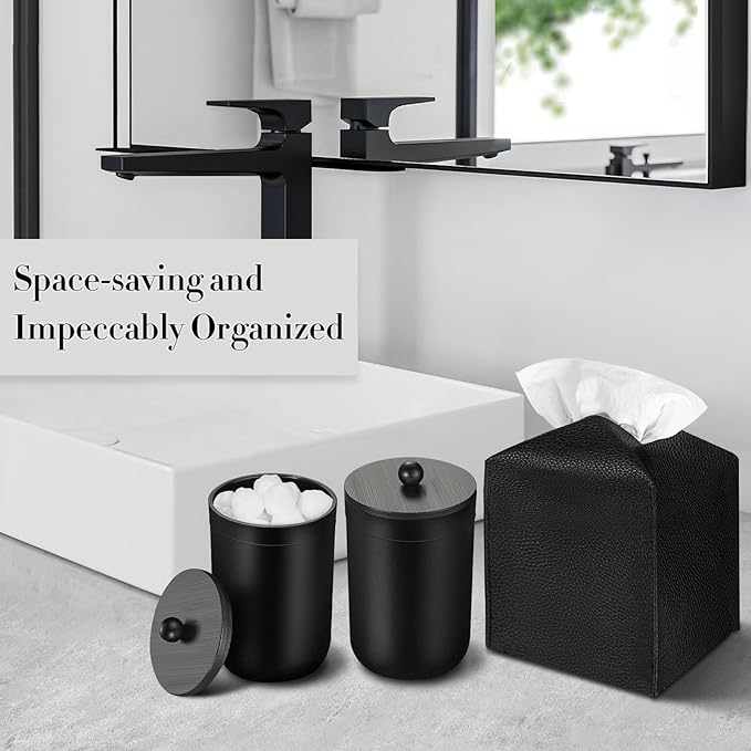 ALPIRIRAL Black Bathroom Accessories Set, 10Pcs Bathroom Accessory Set with Trash Can, Soap Dispenser and Toothbrush Holder, Soap Dish, Cotton Ball & Qtip Holder, Toilet Brush Holder, Tissue Box Cover