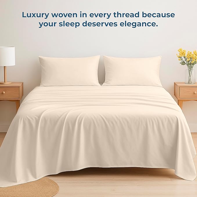 Royale Linens 100% Organic Cotton Fitted Sheet - Percale Weave - Super Soft Deep Pocket Bottom Sheets - Cream Elastic Sheet Twin XL Size - Twin XL Fitted Sheets Only - (39"x80"+15", Cream)