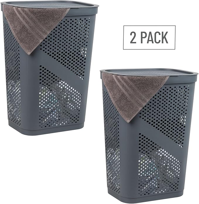 Mind Reader 60L Slim Laundry Hamper, Clothes Basket, Lid, Ventilated, Plastic, Set of 2, Gray