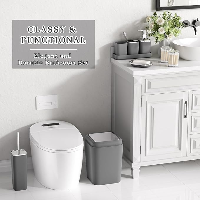 XLHOMO Grey Bathroom Accessories Set, Bathroom Sets with Shower Curtain and Rugs, Trash Can, Tray, Soap Dispenser, Soap Dish, Toothbrush Holder, Toothbrush Cup,Toilet Brush and Qtip Holders for Home