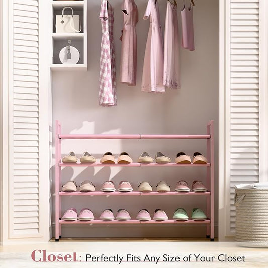 Bumusty 4-Tier Expandable Shoe Rack for Closet, 18“-33” Adjustable Shoe Rack for Small Space, Small Shoe Organizer for Front Door, Sturdy Metal, Pink