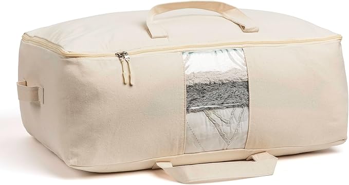 Soft Canvas Storage Bags with Zipper. Thick Breathable, 1pc King/Queen Comforter Organizer. Four Carrying Handles and Window. Large 25x19x9in Bag for Sheets Blankets Bedding Pillows, Clothes