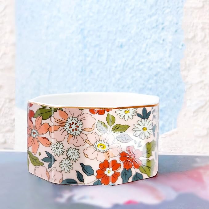 LEAZUL Ceramic Paper Clip Holder Gold Line Paper Clip Dispenser Organizer for Desk Cute Floral Pattern Office Binder Clip Holder Bobby Pin and Hair Clip Holder Gift for Office Pink Flowers