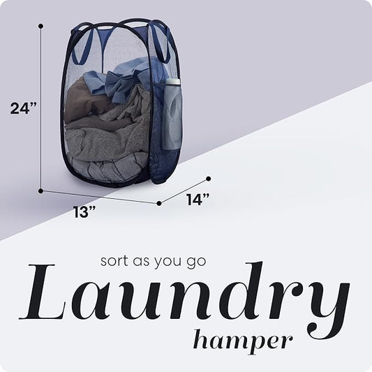 Handy Laundry Collapsible Mesh Foldable Hamper 14" x 14' x 24" Navy Blue