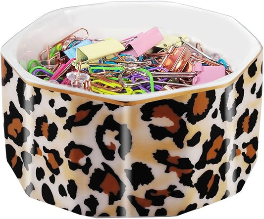 LEAZUL Ceramic Paper Clip Holder Gold Line Paper Clip Dispenser Organizer for Desk Cute Leopard Office Binder Clip Holder Bobby Pin and Hair Clip Holder Gift for Office Brown