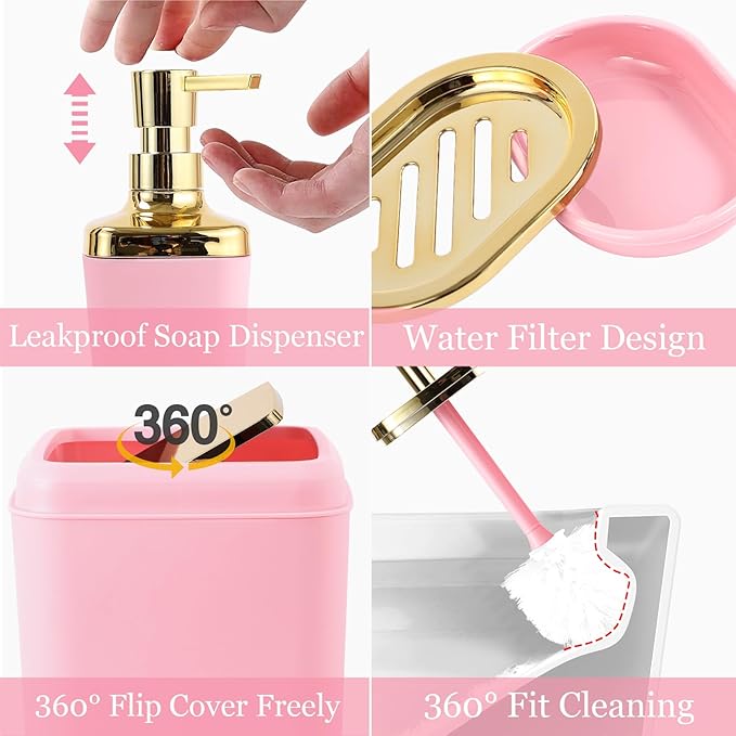 XLHOMO Pink Bathroom Accessories Set, Pink and Gold Bathroom Accessories with Trash Can, Soap Dispenser, Soap Dish, Toothbrush Holder and Q-tip Holders