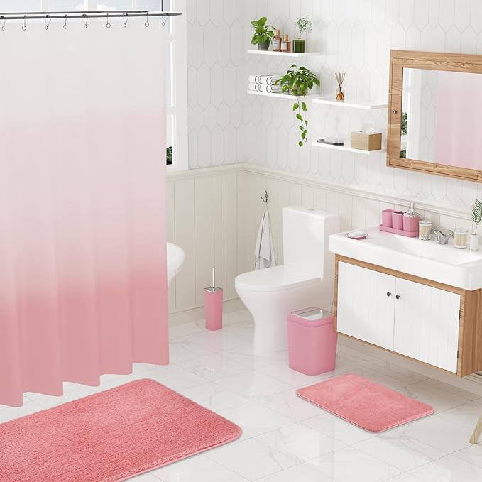 XLHOMO Bathroom Accessory Set–Bathroom Sets with Shower Curtain and Rugs, Non Slip Bathroom Rugs Super Absorbent, Pink Ombre Waterproof Shower Curtain with Hooks, Pink Bathroom Sets Complete for Home