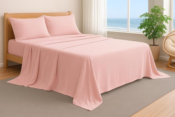 100% Cotton Flat Top Sheet Only - T-Shirt Fabric Jersey Knit - Extra Soft - Wrinkle Free - Machine Washable - Easy Fit - Breathable - Comfy (Pink, King/Cal. King)