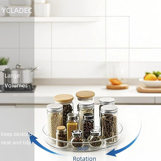 YCLADEC 2 Pack Lazy Susan 9.25" Inch Turntable Organizer Pantry Organization and Storage Container Bins Spice Rack Cabinet Rotating Condiment for Pantry Kitchen Vanity Bathroom Jewelry Holder Clear