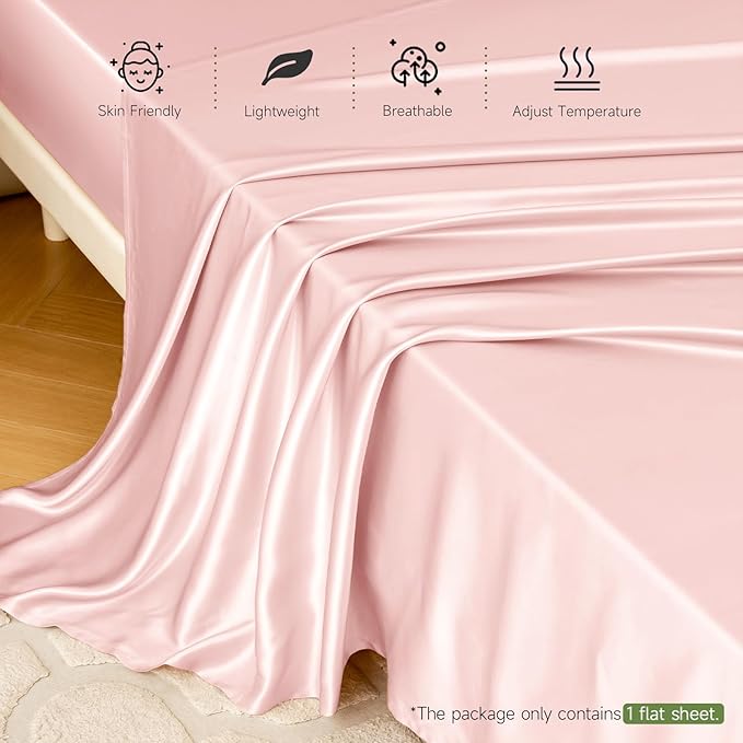 THXSILK 22 Momme 1 Pcs Silk Flat Sheet, 100% Top Grade Pure Mulberry Silk Bed Sheet Breathable Cooling Comfortable Safe Material Ultra Soft Bedding Durable (King/Cal. King, Charming Pink)