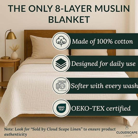 Cloud Scape Linen 8-Layer Muslin Blanket Queen Size - 100% Cotton, Soft and Breathable, Oversized Winter Blanket, Fits up to Full Size Bed, 92x92, White