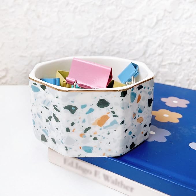 LEAZUL Ceramic Paper Clip Holder Gold Line Paper Clip Dispenser Organizer for Desk Cute Terrazzo Marble Pattern Office Binder Clip Holder Bobby Pin and Hair Clip Holder Gift for Office Blue