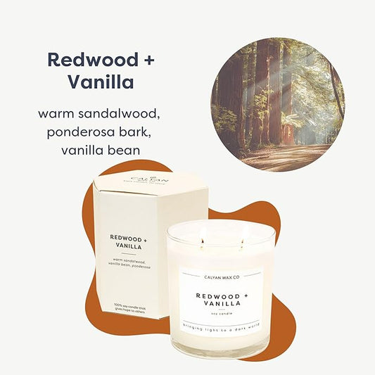 Calyan Wax Co. Redwood & Vanilla 2 Wick Scented Candle - 37 Hour Burn - Luxury Non Toxic Soy Wax Candles - Long Lasting Large Glass Jar Candle for Home - 8.8oz