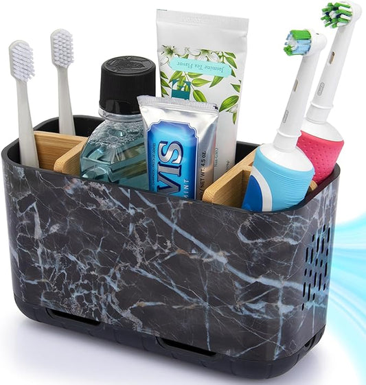 GFWARE Marble Toothbrush Holders, 5 Slots Bamboo Toothbrush and Toothpaste Holder for Bathroom Counter with Drainage, Kids Electric Toothbrush Organizer, Black Toothbrush Holders for Bathrooms