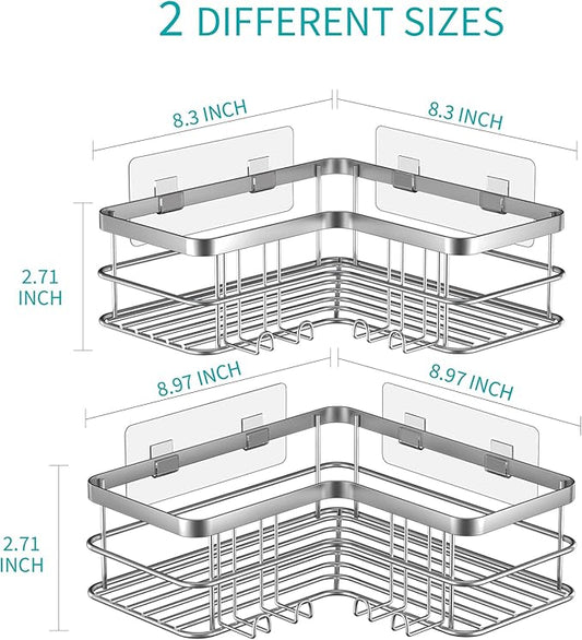 Yazoni Corner Shower Caddy, Adhesive Shower Shelves No Drilling [2-Pack], Rustproof Stainless Steel Bathroom Shower Organizer with 8 Hooks