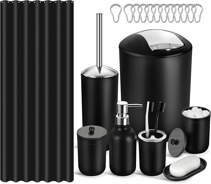 ALPIRIRAL Bathroom Set, 20Pcs Bathroom Shower Curtain Sets with Hooks, Black Bathroom Accessories Set with Trash Can, Bathroom Accessories Sets Complete with Shower Curtain Set, Bathroom Accessory Set