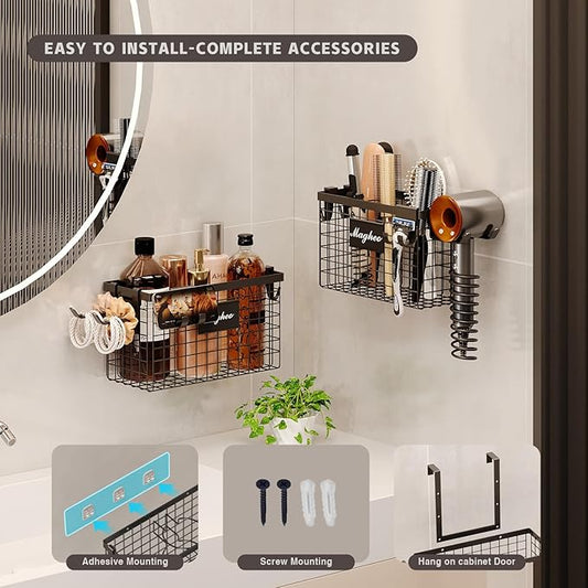 Magheo Hair Dryer Holder Cabinet Door 3-in-1 Adhesive Hair Tool Organizer Wall Mounted Adjustable Height Blow Dryer Holder Under Sink Bathroom Hair Appliance Organizer and Storage Countertop(Black)