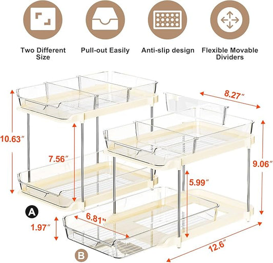 Delamu 2-Tier Multi-Purpose Bathroom Under Sink Organizers and Storage, Stackable Kitchen Pantry Organization, Pull Out Medicine Cabinet Organizer with Movable Dividers, Beige, 2 Pack