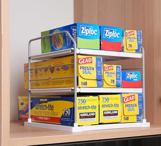 EVERIE Extendable 3-Tier Holder for Heavy Items, Jars, Bottles, Cans, Plastic Bags, Wrap, Foil, Snack and Box for Kitchen,Counter, Cabinets, 11'' to 16.7'' Wide (11“ - 16.7” Wide, Piece, 1)