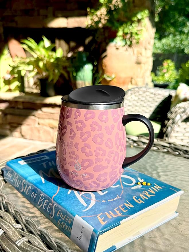 Ideus 16 oz (470 ml) Insulated Coffee Mug with Handle and Lid, Double Wall Stainless Steel Vacuum Thermal Coffee Mug, Travel Coffee Cup Thermal Cup for Home and Office, Leopard Pink
