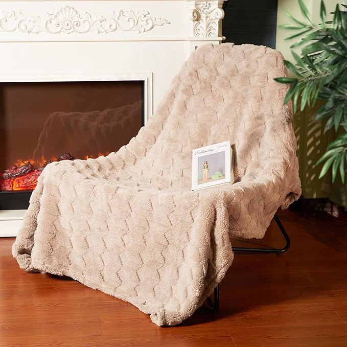 BYKOSY Checkered Fleece Throw Blankets-Cozy Fluffy Soft Lightweight Luxury Blanket for Travel, Sofa, Couch, Bed & Car, Gifts for Teen Girls, Women and Men, Home and Dorm Decor, Beige, 50" x 70"
