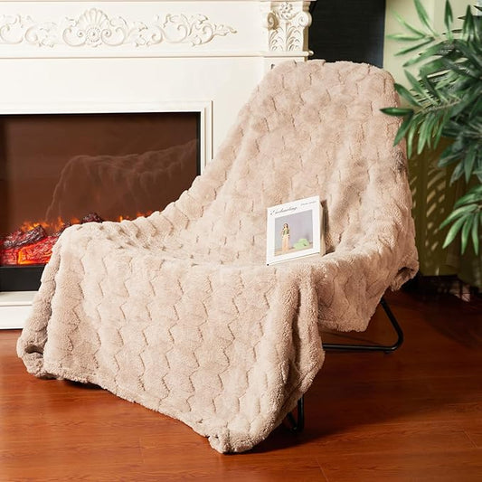 BYKOSY Checkered Fleece Throw Blankets-Cozy Fluffy Soft Lightweight Luxury Blanket for Travel, Sofa, Couch, Bed & Car, Gifts for Teen Girls, Women and Men, Home and Dorm Decor, Beige, 50" x 70"