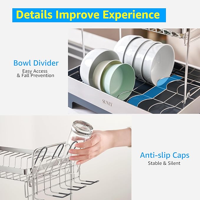 SUNLY Large Dish Drying Rack, Multipurpose 2 Tier Dish Racks for Kitchen Counter, 304 Stainless, Extra Large Drain Board